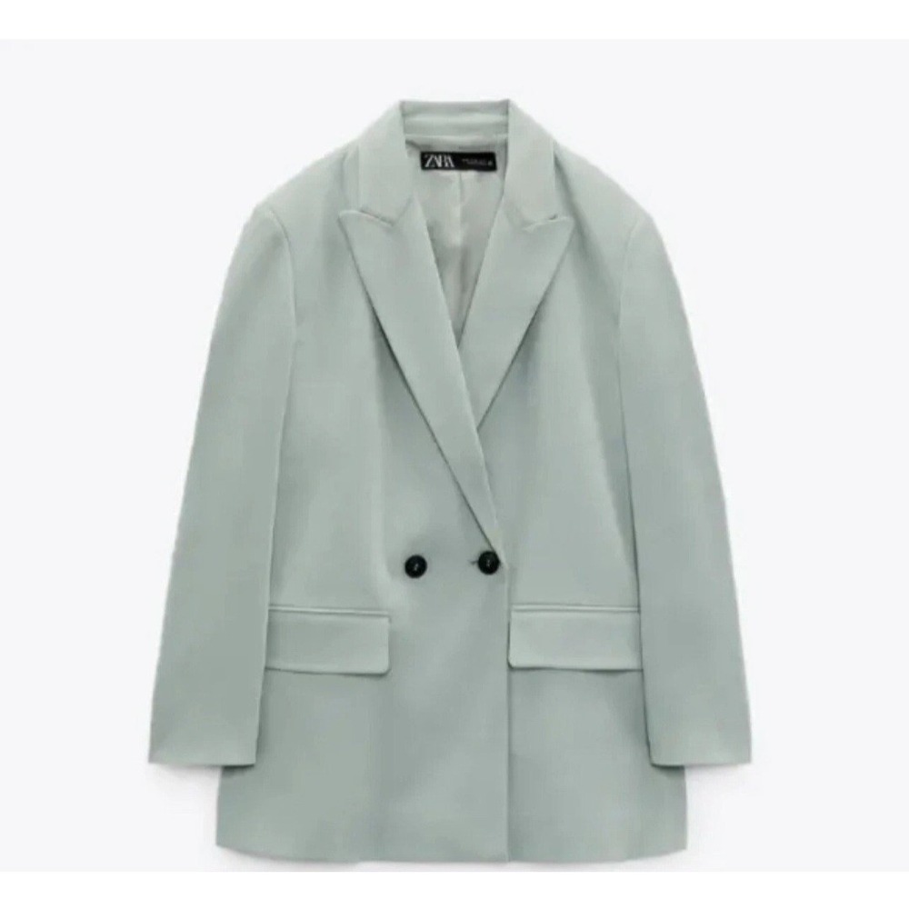 ZARA WOMAN EUC DOUBLE-BREASTED SOFT OVERSIZED BLAZER LIGHT GREEN | 8372/037 M - Picture 1 of 16